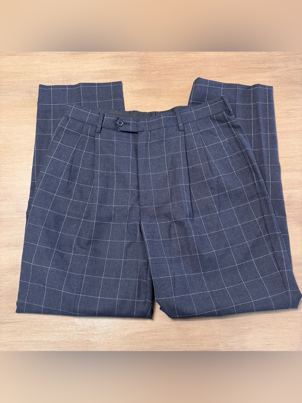 Bachrach Mens 35W 31L Wool Windowpane Pleated Dress Pants Navy Made in Italy